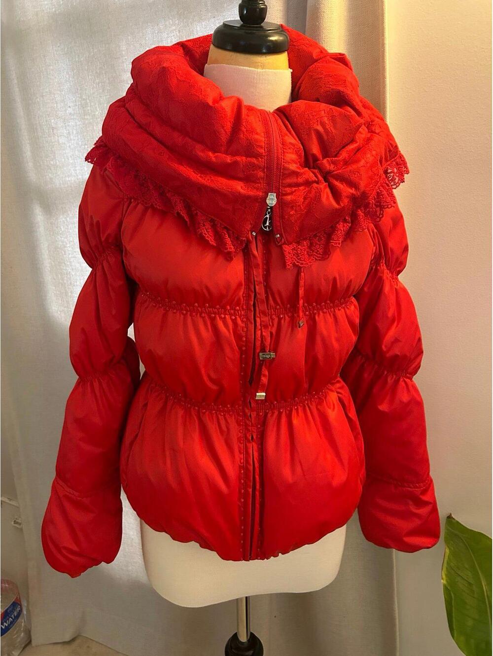 I’SIRE Made in Japan unique red puffer with lace and bead embellishments.
